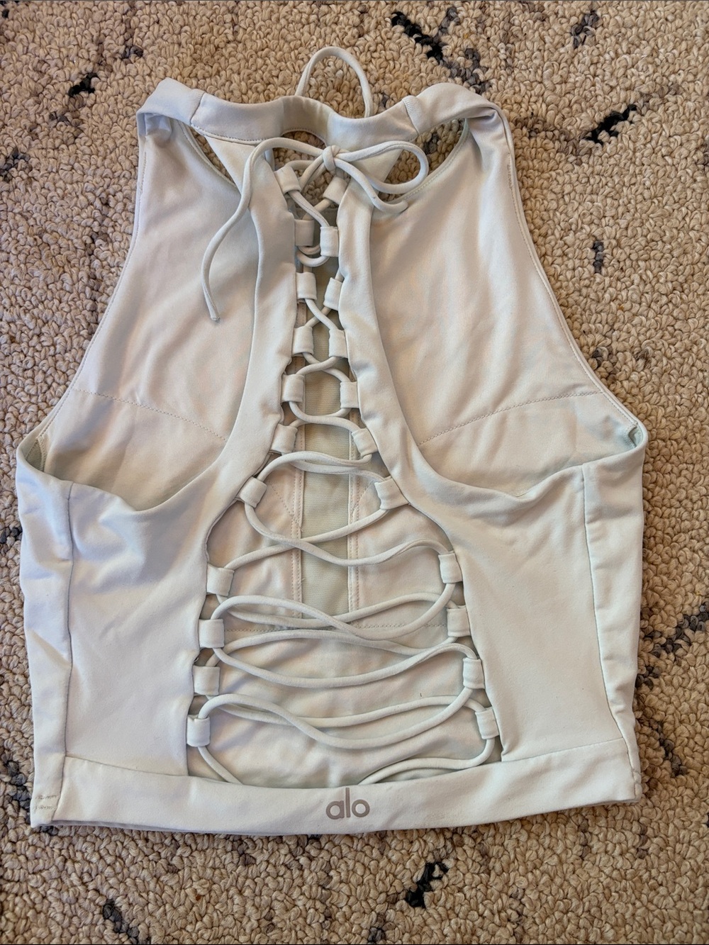 ALO Yoga/ White /mint Lace-Up Back Crop Tank med